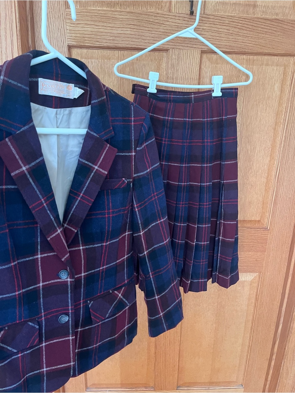 Vintage Pendleton wool Plaid Two-Piece Jacket & Skirt Set in Burgundy and Navy